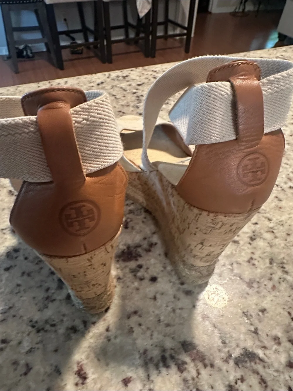 Tory Burch Beige Canvas Espadrille Wedge Sandals
